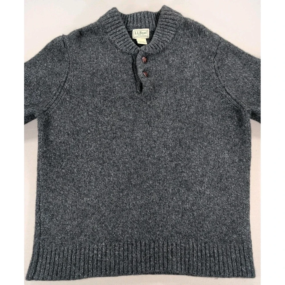 L.L. Bean 100% Lambswool Sweater Mens Large Gray Henley Shawl Collar Vintage